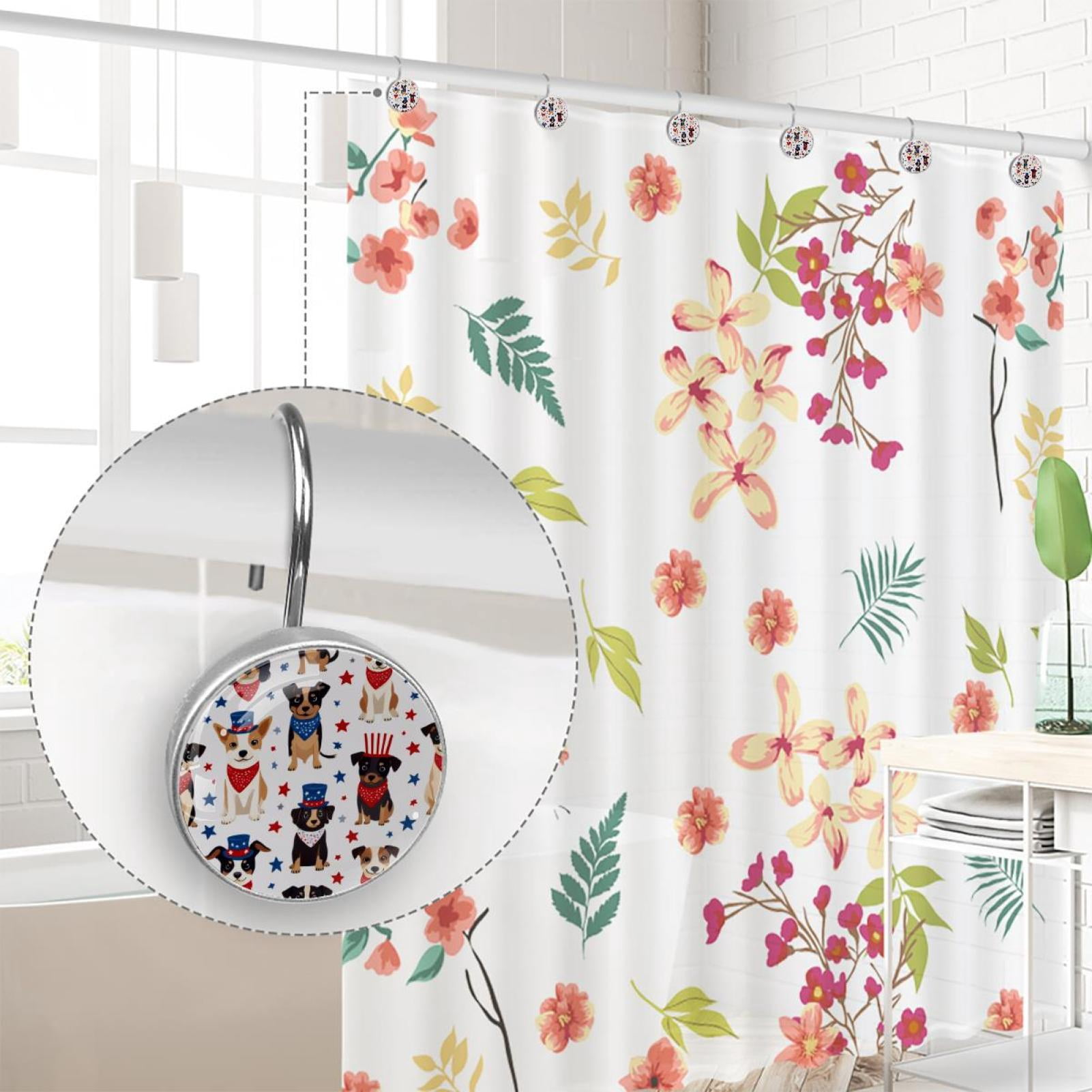 12pcs Decorative Shower Curtain Hooks, Rust Resistant Shower Rings for Bathroom Living Room,Rustproof Stainless Steel Rings for Shower Curtain and Liner Rods,4th of July Dogs