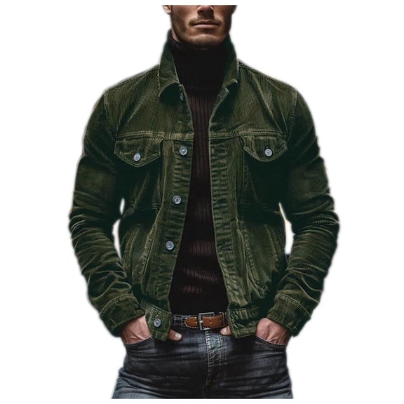 Denim Jacket for Men Pocket Corduroy Long Sleeve Striped Lapel Puffer Jacket Men,Green,2XL