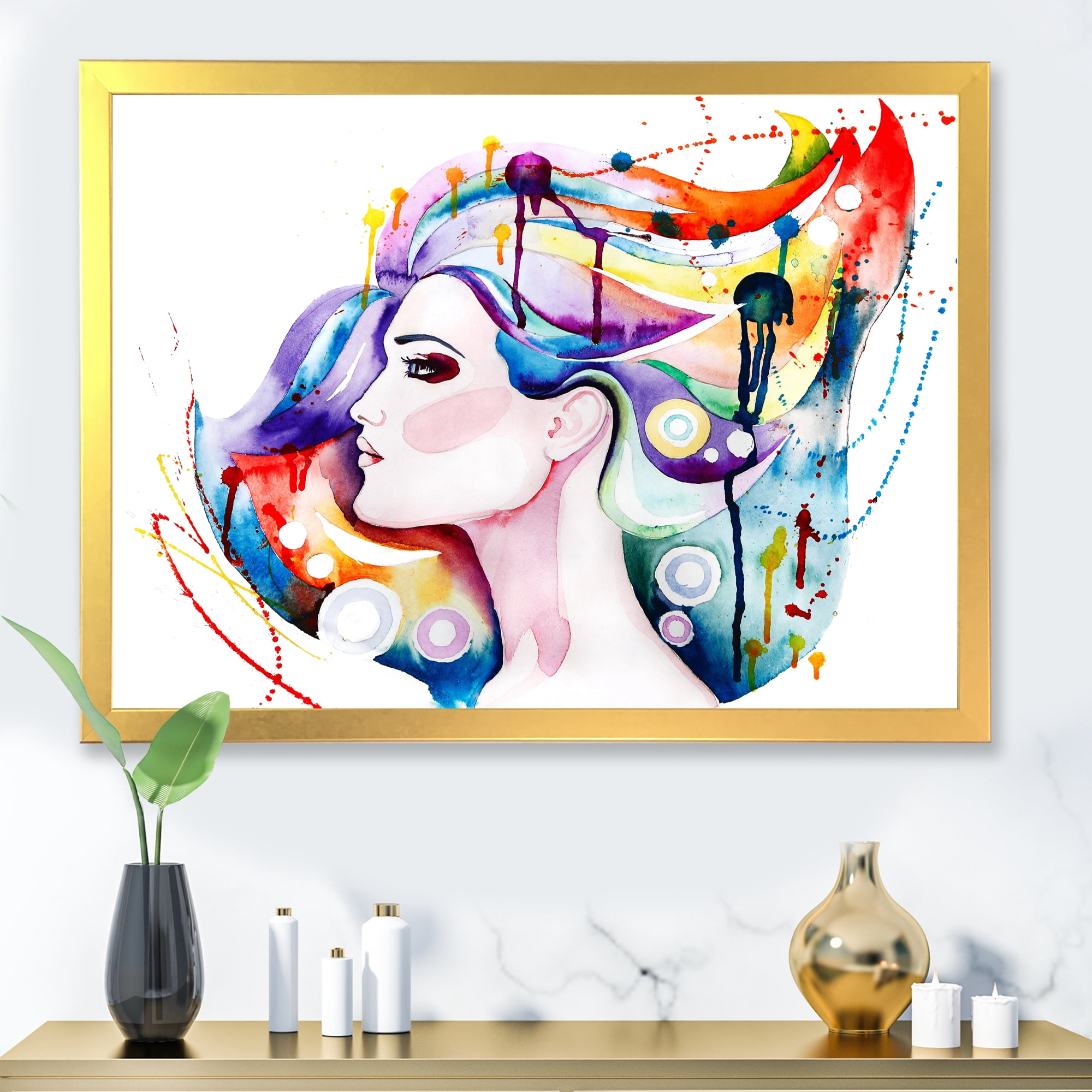 Designart 'Beautiful Young Woman With Colorful Hair' Traditional Framed Art Print