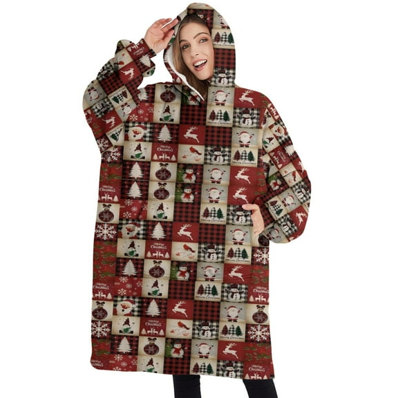 Oversized Wearable Blanket Hoodie,Red Christmas Collage Pattern Sherpa Blanket Hoodie with Super Pockets,Super Warm Fuzzy Pullover for Women & Men