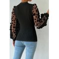 thumbnail image 3 of Women's Black Floral Applique Mesh Sleeves Textured Knit Blouse, 3 of 6