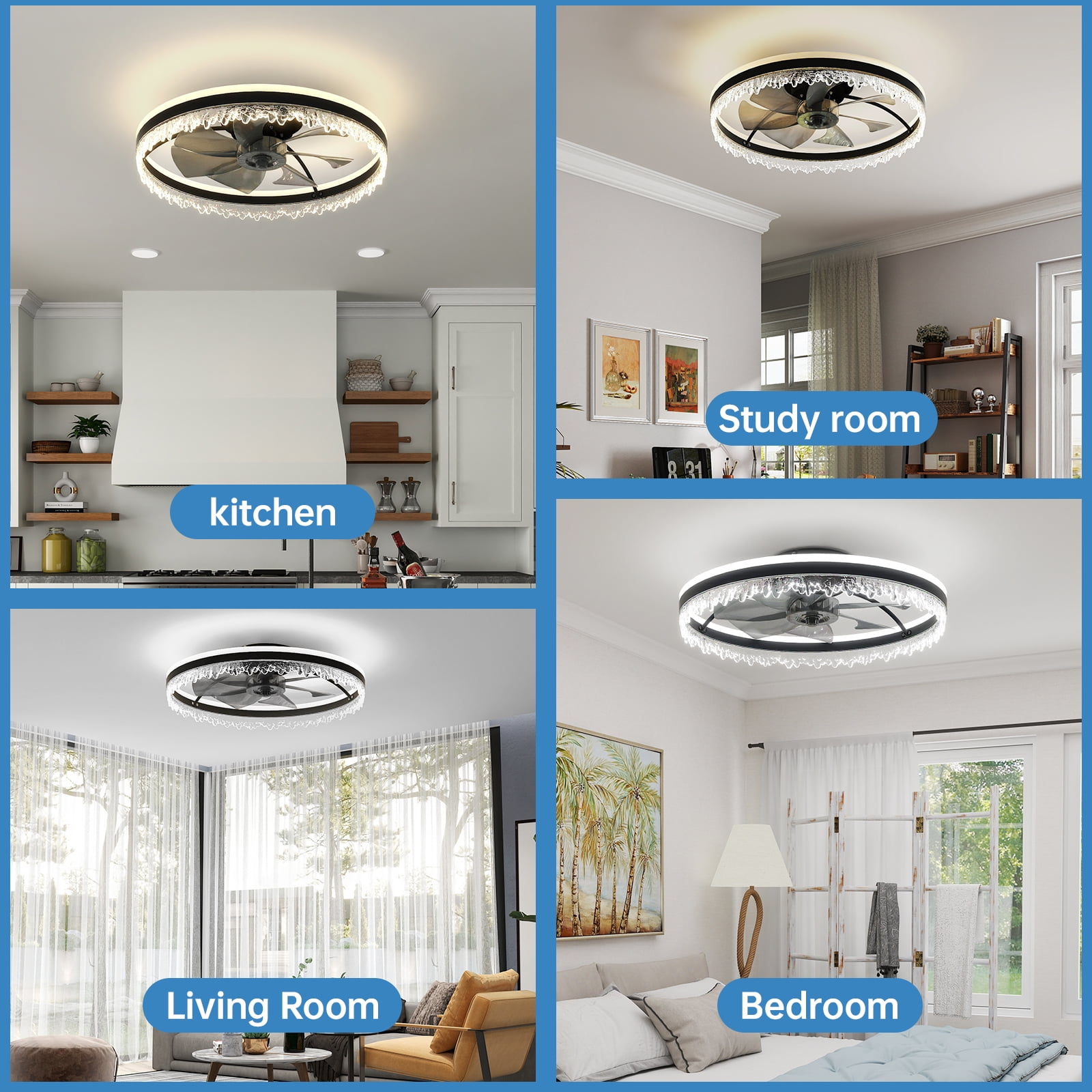 Miniyam Smart LED Fan Light – Flush Mount Crystal Ring Design, Reversible Airflow, 6 Speeds, Ideal for Bedroom & Living Room