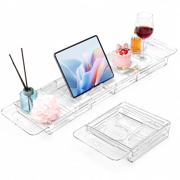 Expandable Clear Bathtub Tray Caddy, Foldable Tub Bath Tray with Drain Slots, Slip-Resistant Waterproof Bathroom Shelf Caddy, Multi-Purpose Bath Caddy Tray for Bathtub
