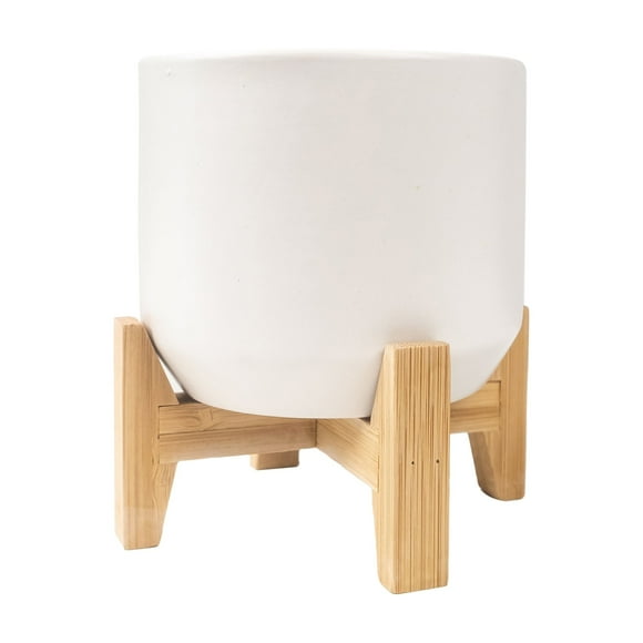 Mainstays Pot en céramique blanche de 4 pouces avec support bambou