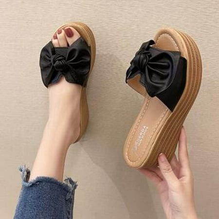 

Women Bowknot Beach Summer Slippers Platform Slope Heels Plus Size Shoes
