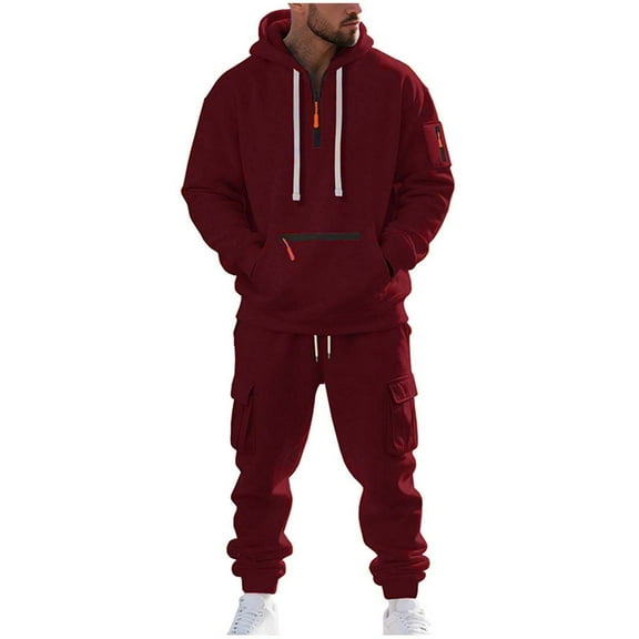 mihongmao Sweatsuits Men 2 Piece Outfit Man Style Solid Color Casual Fashion Zipper Pocket Hooded Long Sleeves Shirt Drawstring Waist Workwear Long Pants Sets Wine L
