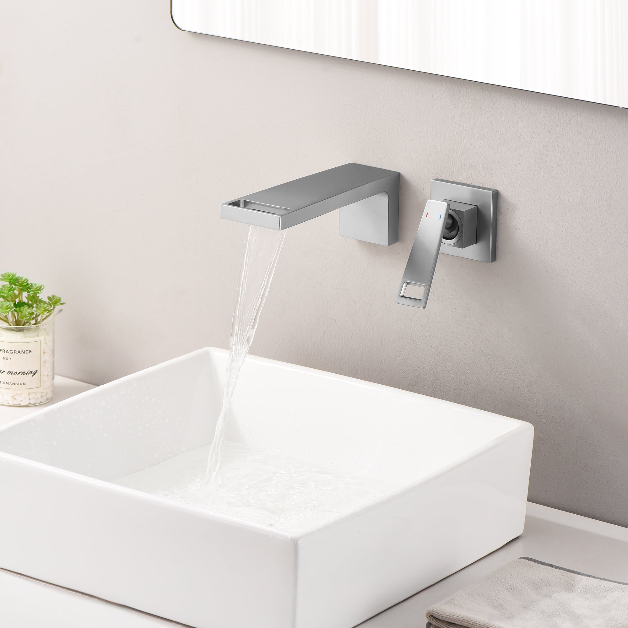 SUMERAIN Single Handle Waterfall Bathroom Faucet Wall Mount Vessel Sink Faucet with Brass Rough-in Valve,Brushed Nickel