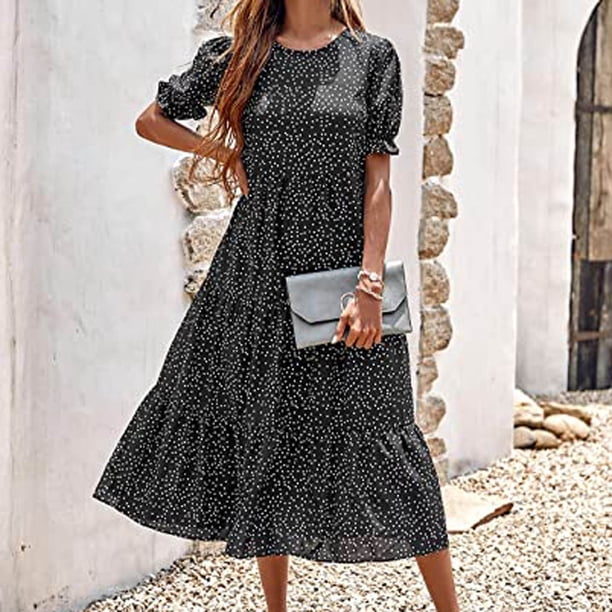 ICHUANYI Clearance Women's Summer Casual Boho Dress Floral Print Ruffle Puff Sleeve Printed High Waist Midi Beach Dresses(Black, XXL) ICHUANYI WER2023080910566