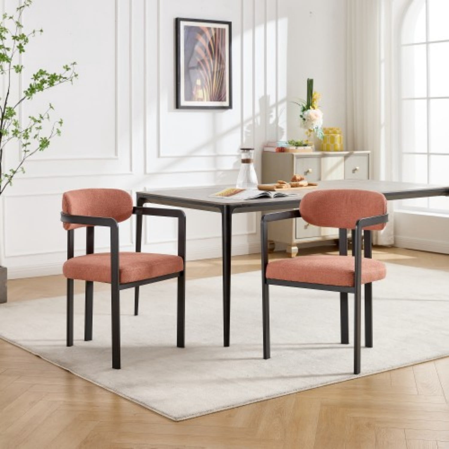 Modern Dining Room Chairs Set of 2 Mid Century Upholstered Boucle Dining Chairs with Curved Backrest Black Metal Legs Kitchen Side Chairs, Orange