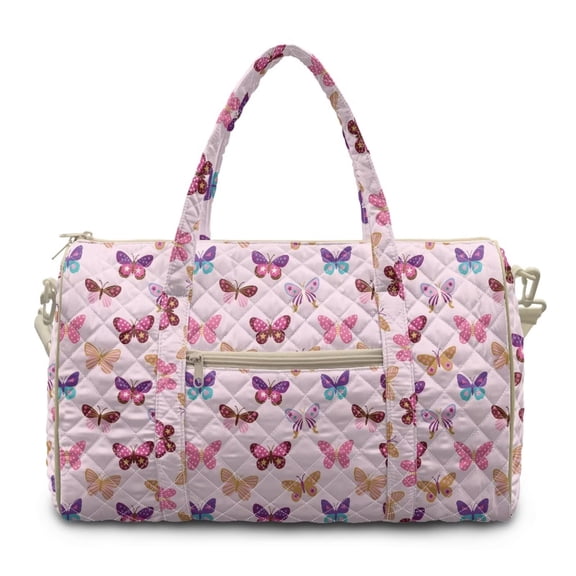 Garronmavis Pink Butterfly Print Large Quilted Duffle Bag for Women, Weekender Travel Bag Carry On Overnight Bag, Lightweight Gym Dance Tote with Zipper Pockets