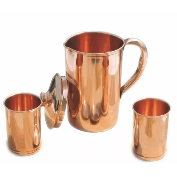 Pure Copper Handmade Jug Water Pitcher 1.5 L & 2 Glasses 300 ml Storage healthy Solid/Plain