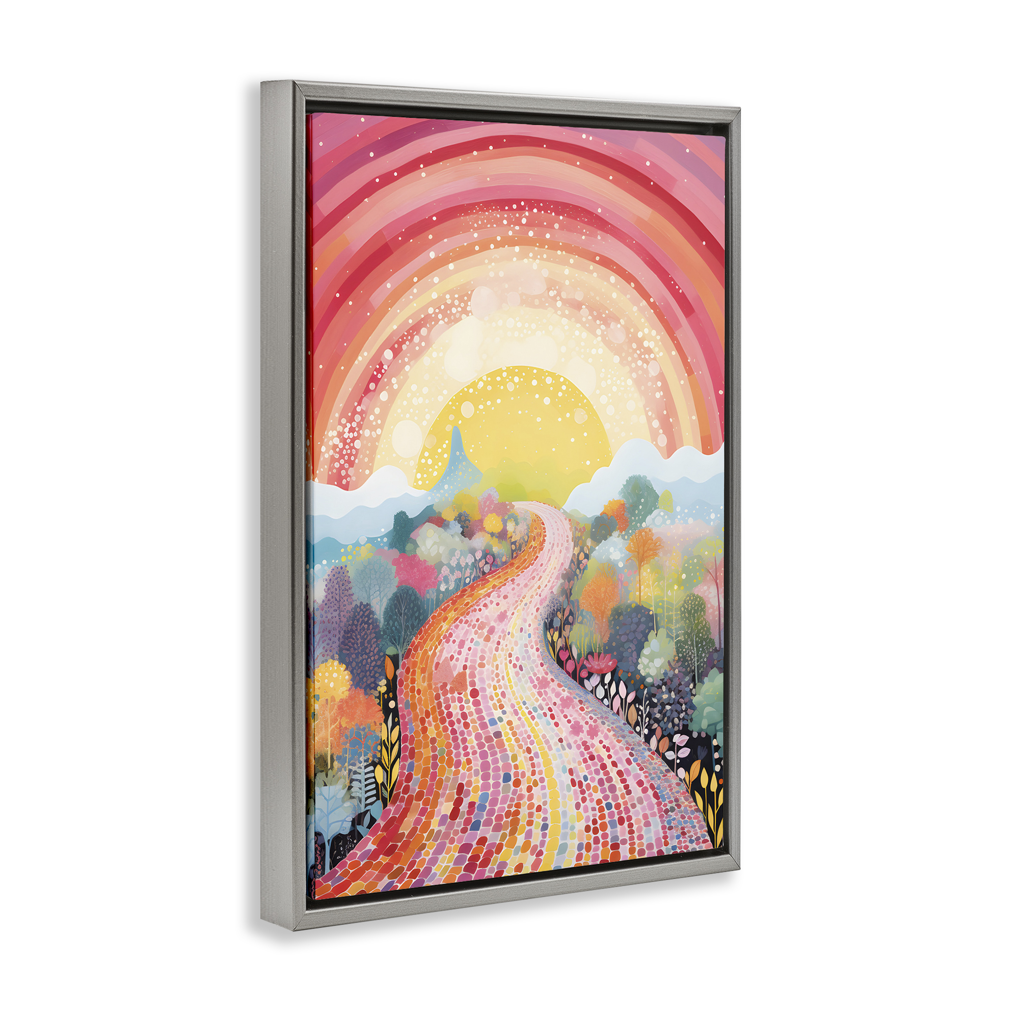 Stupell Industries Pink Brick Road Journey Landscape Painting Gray Floater Framed Art Print Wall Art, 17 x 25