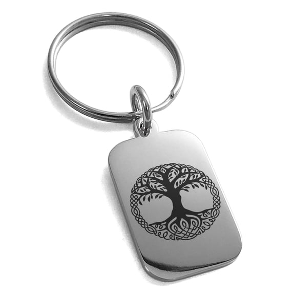 Tioneer Stainless Steel Yggdrasil Great Tree of Life Viking Norse Engraved Small Rectangle Dog Tag Charm Keychain Keyring