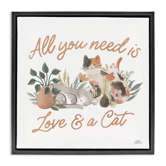 Stupell Industries Shabby Chic Love & A Cat Phrase Black Floating Frame Canvas Art, 18 x 18, by Laura Marshall
