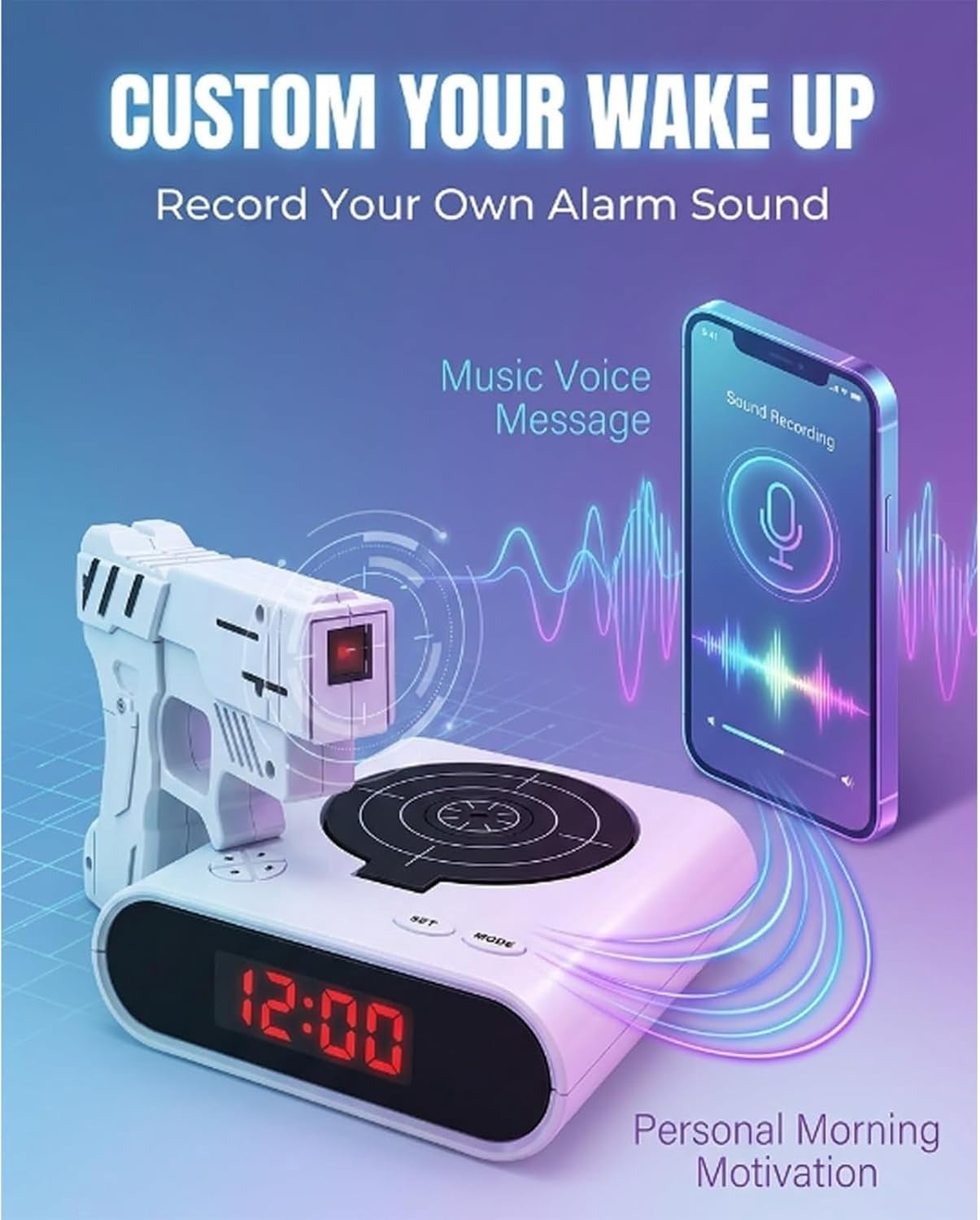 Interactive Target Digital Alarm Clock, LED Adjustable Brightness, Custom Recordable Tone, Dual Modes (Black)