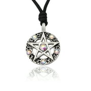 Opal 5 Pointed Star Pentagram Witchcraft Silver Pewter Charm Necklace Pendant Jewelry With Cotton Cord