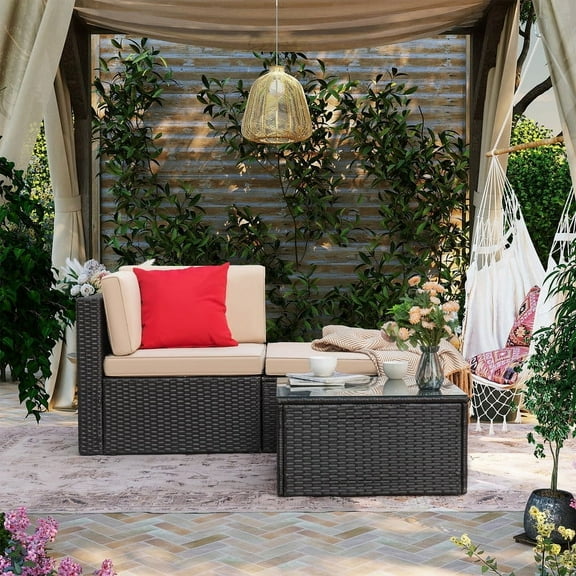 Devoko Outdoor Sectional Sofa PE Rattan Patio Furniture Sets with Cushions and Table,Beige