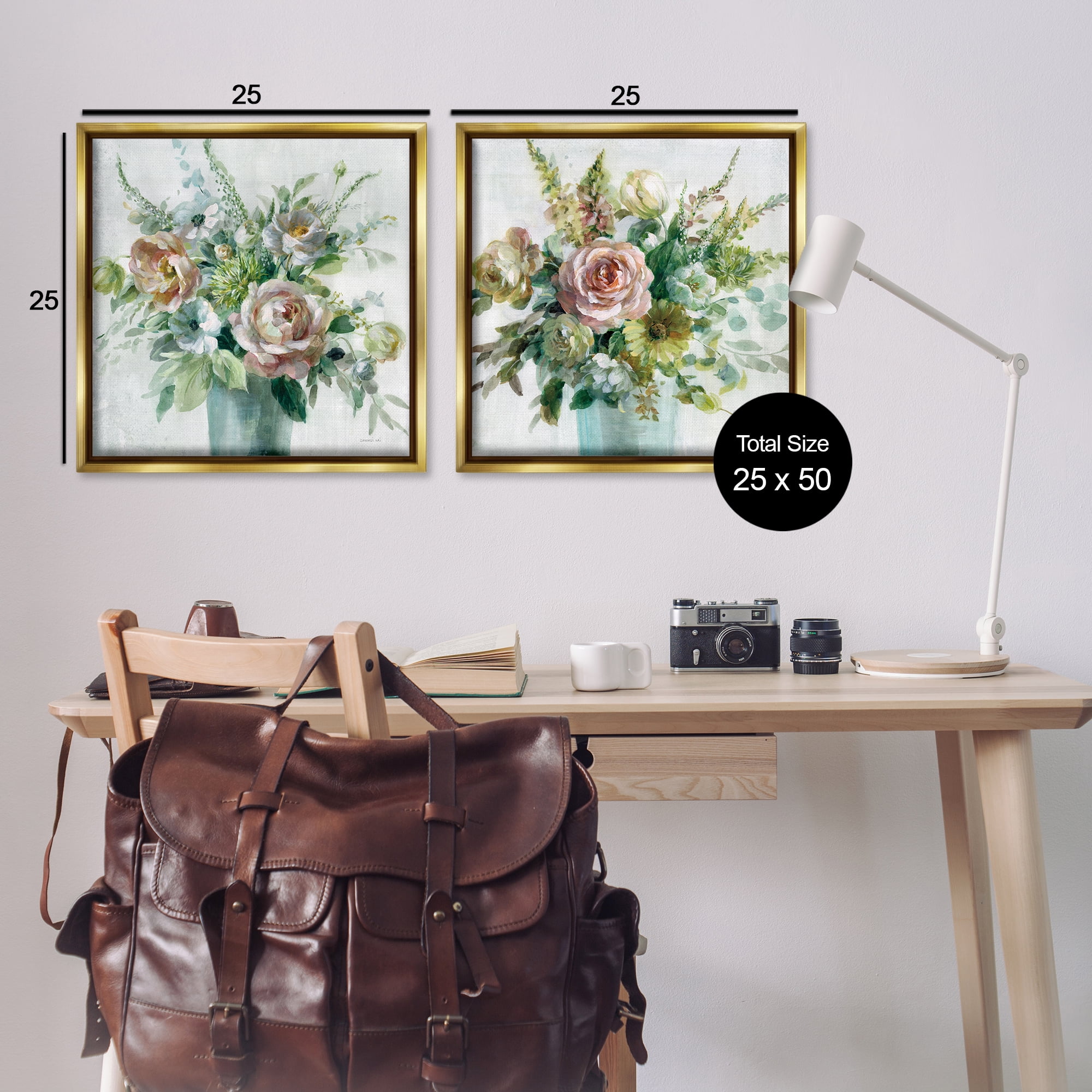 Stupell Industries Sage Peach Still Life Florals Plants & Flowers Painting Gold Floater Framed Canvas Art Print Wall Art, 25 x 25, Set of 2