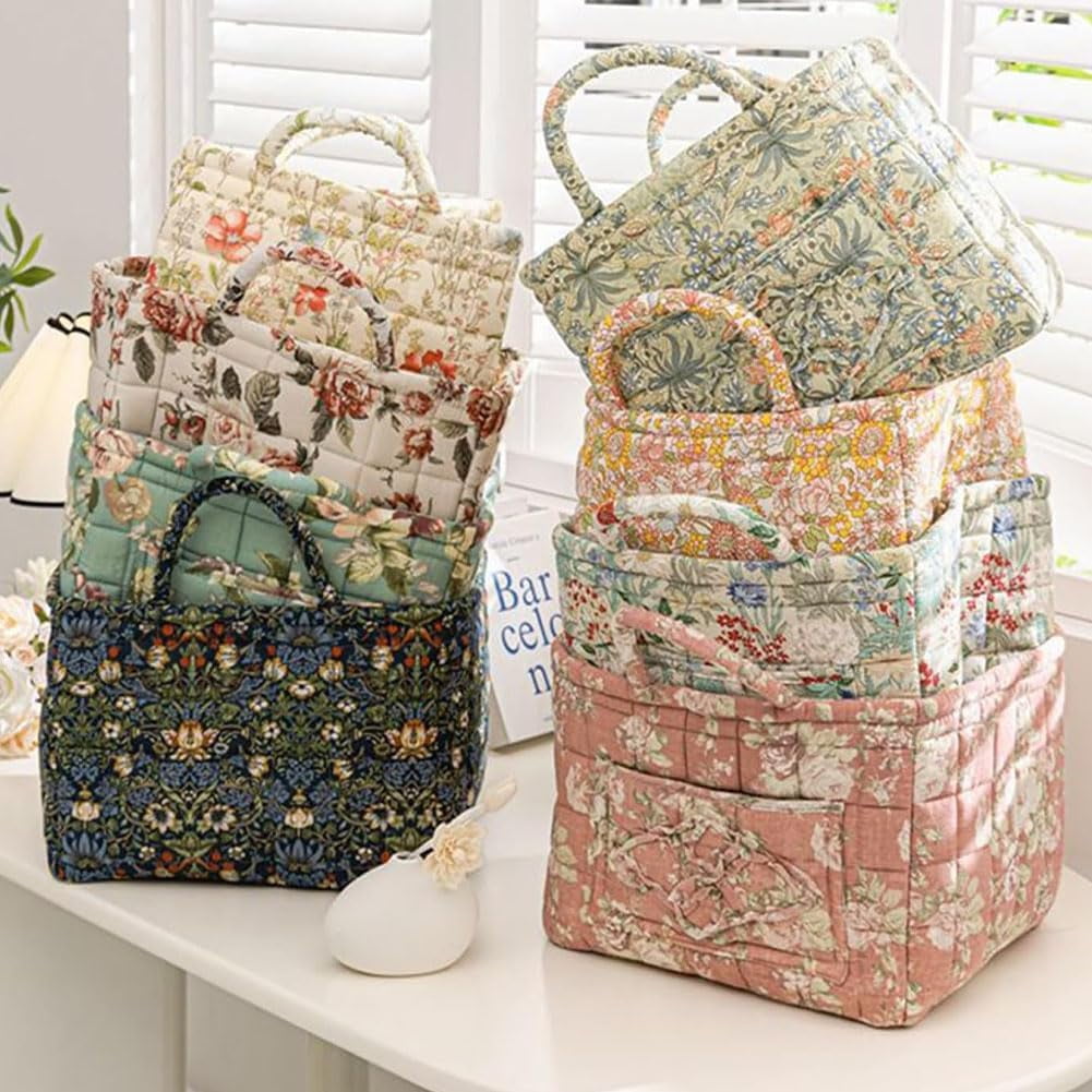 Boho Fabric Storage Basket, Boho Floral Laundry Baskets, Collapsible Bohemian Style Puffer Quilted Tote, Large Capacity Spring Vintage Storage Bag Organizer with Handle & Front Pocket