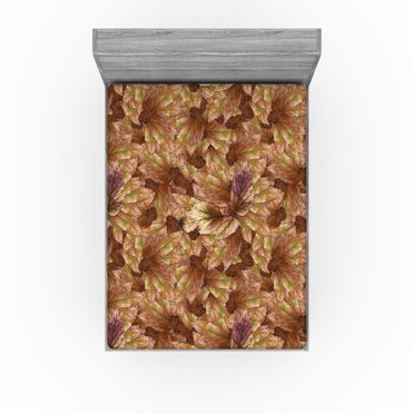 Ambesonne Autumn Leaves Fitted Sheet, Neutral Leafy Print, Queen Size, Dark Khaki Lime Green