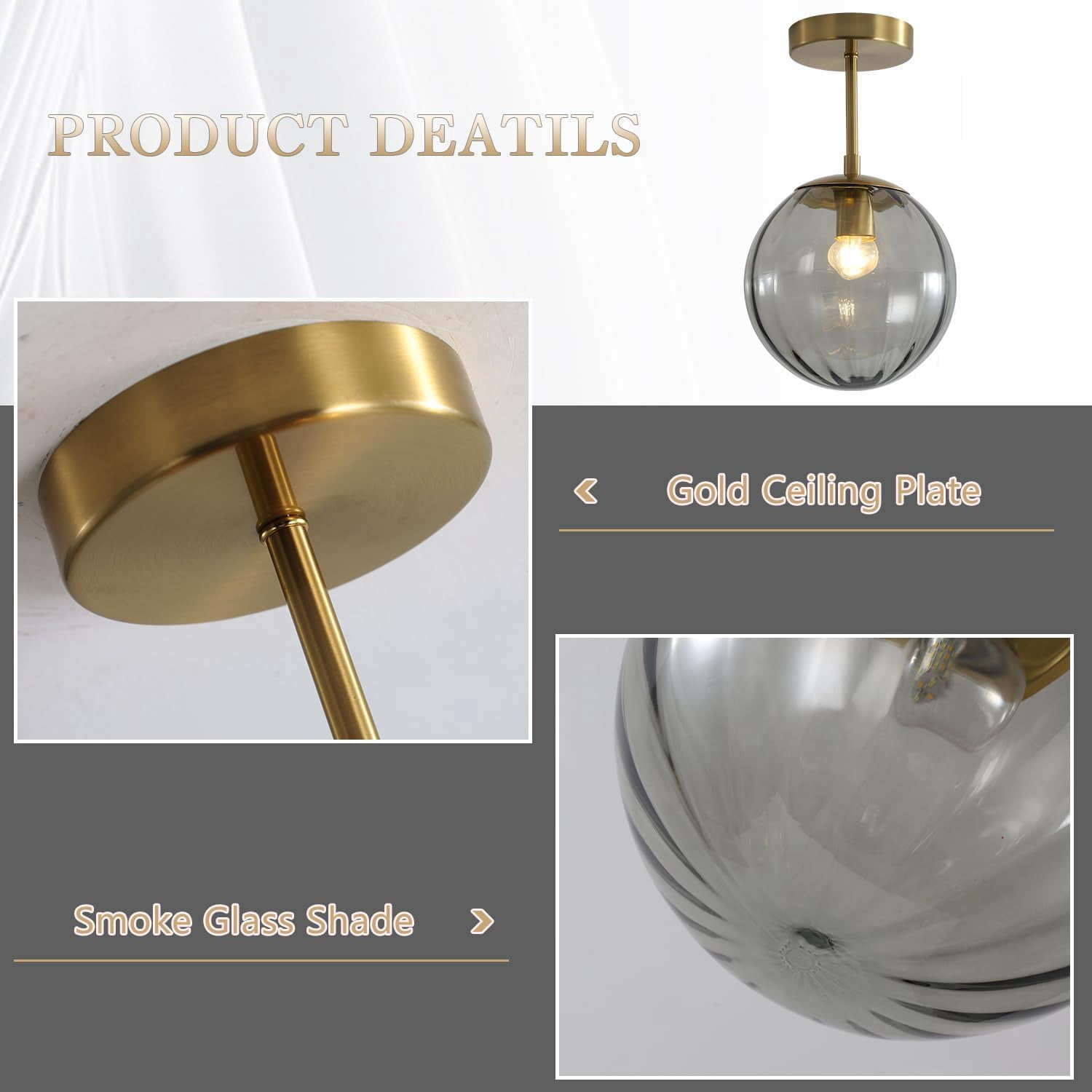 KCO Lighting Gold Globe Flush Mount Ceiling Light 1-Light Vintage Smoke Gray Glass Ceiling Light Mid Century Small Hallway Ceiling Light Fixtures