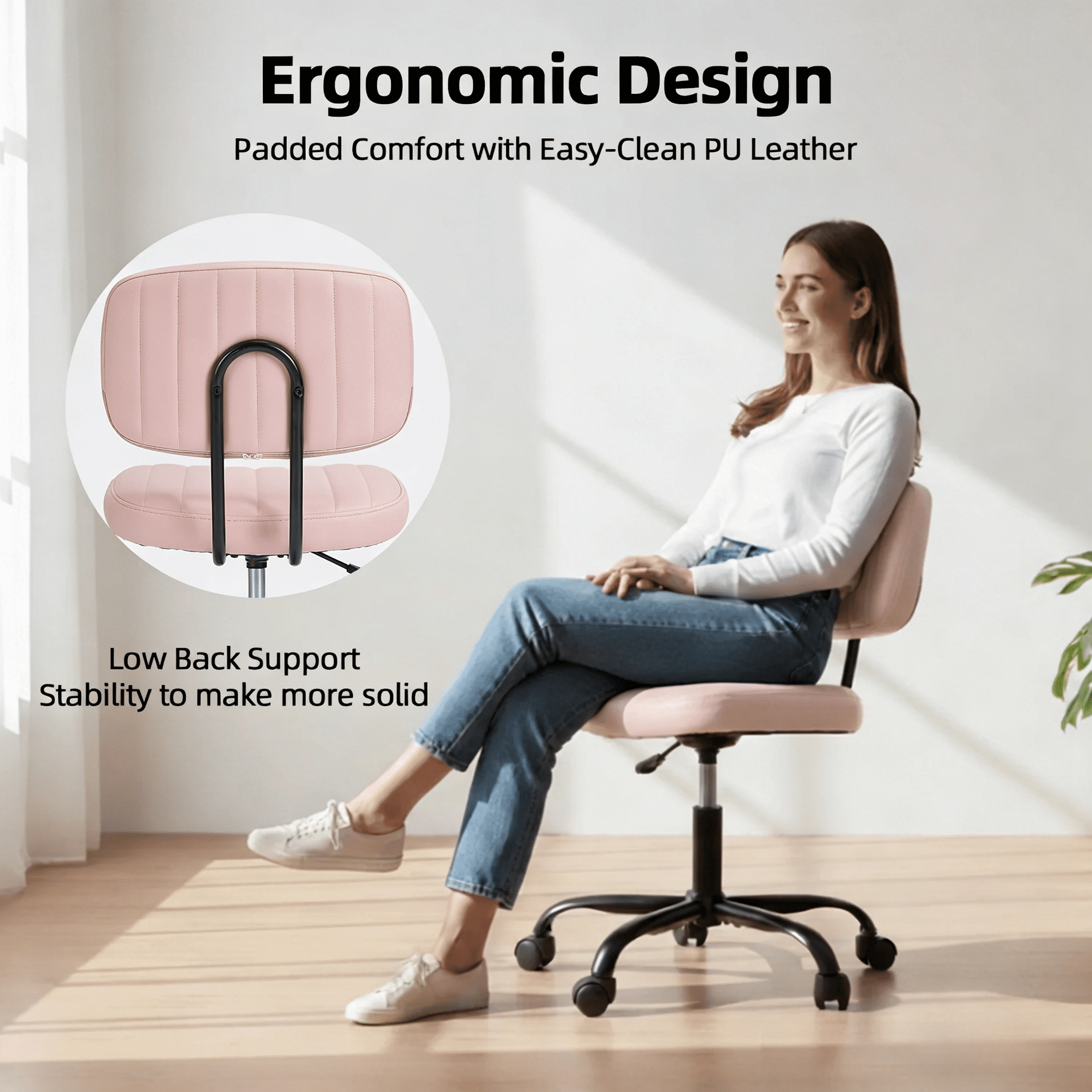 CONCETTA Ergonomic Home Office PU Leather Desk Chair, Small Space, Armless Rolling Chair for Adults, Pink