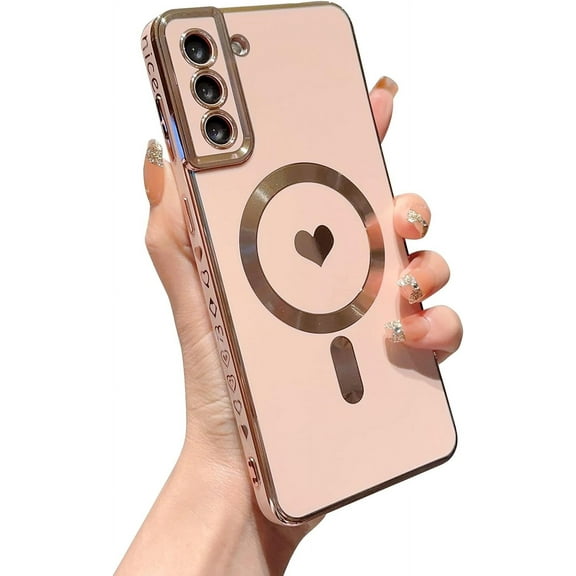 Samsung Galaxy S22 5g Magnetic Phone Case [Compatible with MagSafe],Luxury Plating Cute Love Heart Pattren Soft Silicone Electroplated Slim Shockproof Protective Cover for S22 6.1” (Pink)