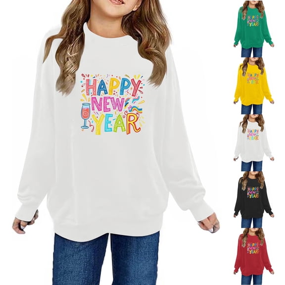 Axiiglly Girls Sweatshirt Crew Neck Long Sleeve Shirts Casual New Year Letter Printed Pullover Soft Cotton Fashion Sweatshirts Comfy Fall Winter Clothes for Teen Girls