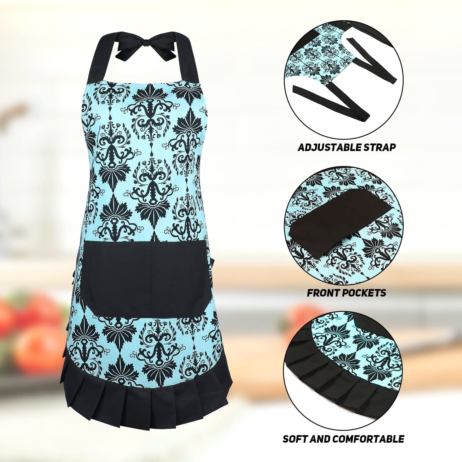 Cotton Vintage Damask Apron For Women, Adjustable Neck & Big Pocket, Blue & Black Cute Ruffle Kitchen & Baking Apron For Christmas Holiday Gift
