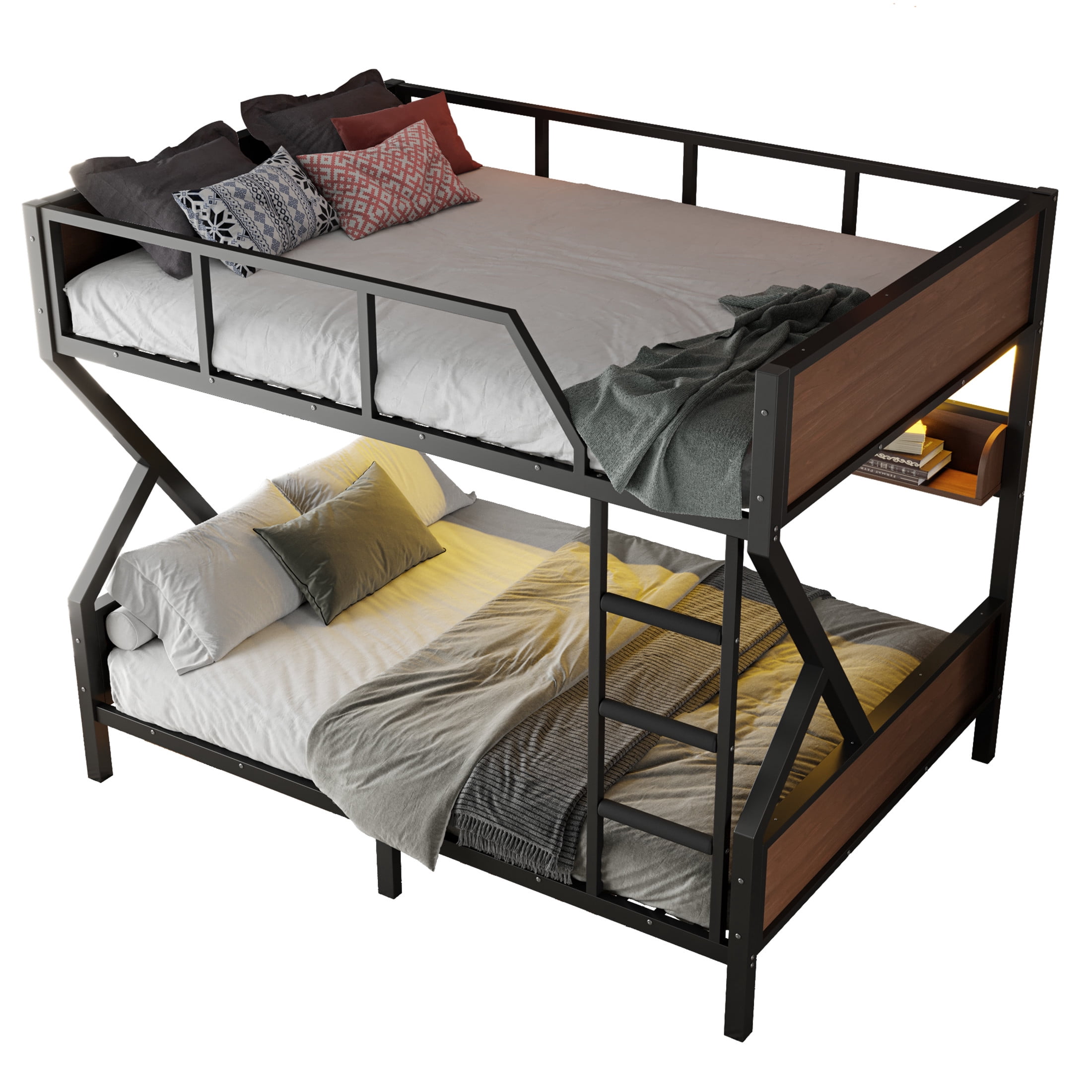 Noble House Queen over Queen Metal Bunk Bed with Storage Shelves and LED Lights, Black