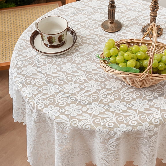 Fwttom Round Table Cloth, Lace Design Spring Tablecloth, Sheer Round Tablecloth for Restaurants & Home Balcony Garden Decoration, 43.3" x 63", White