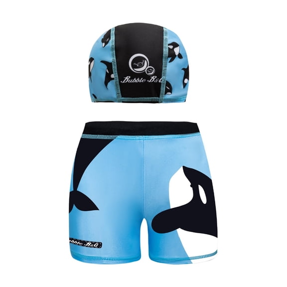 Bubble B&G Boys Swim Trunks Set with Matching Cap, Whale Print Quick Dry Swimwear, Chlorine Resistant for Swimming Lessons Beach Pool, Sizes 3-12 Years,Size 11-12 T