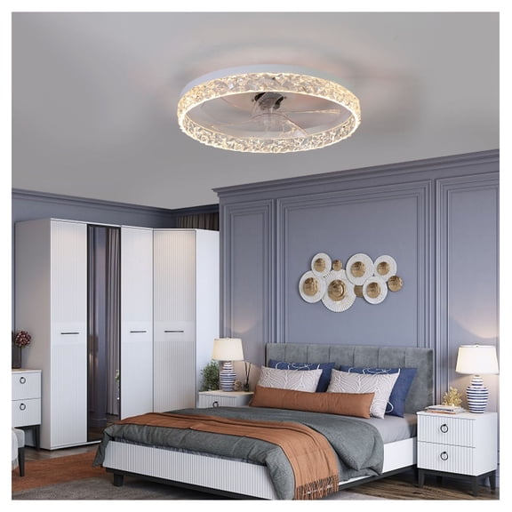 Modern Acrylic Ceiling Fan Light with Control, Dimmable LED Chandelier, 6-Speed Adjustable, Quiet Motor, Flush Mount Design for Living Room, Bedroom, Dining Room