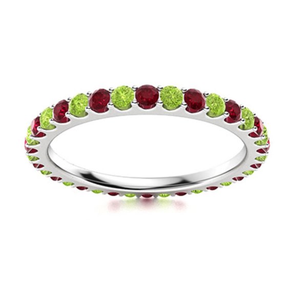Full Eternity 2MM Round Natural Peridot & Ruby 925 Sterling Silver Women Ring