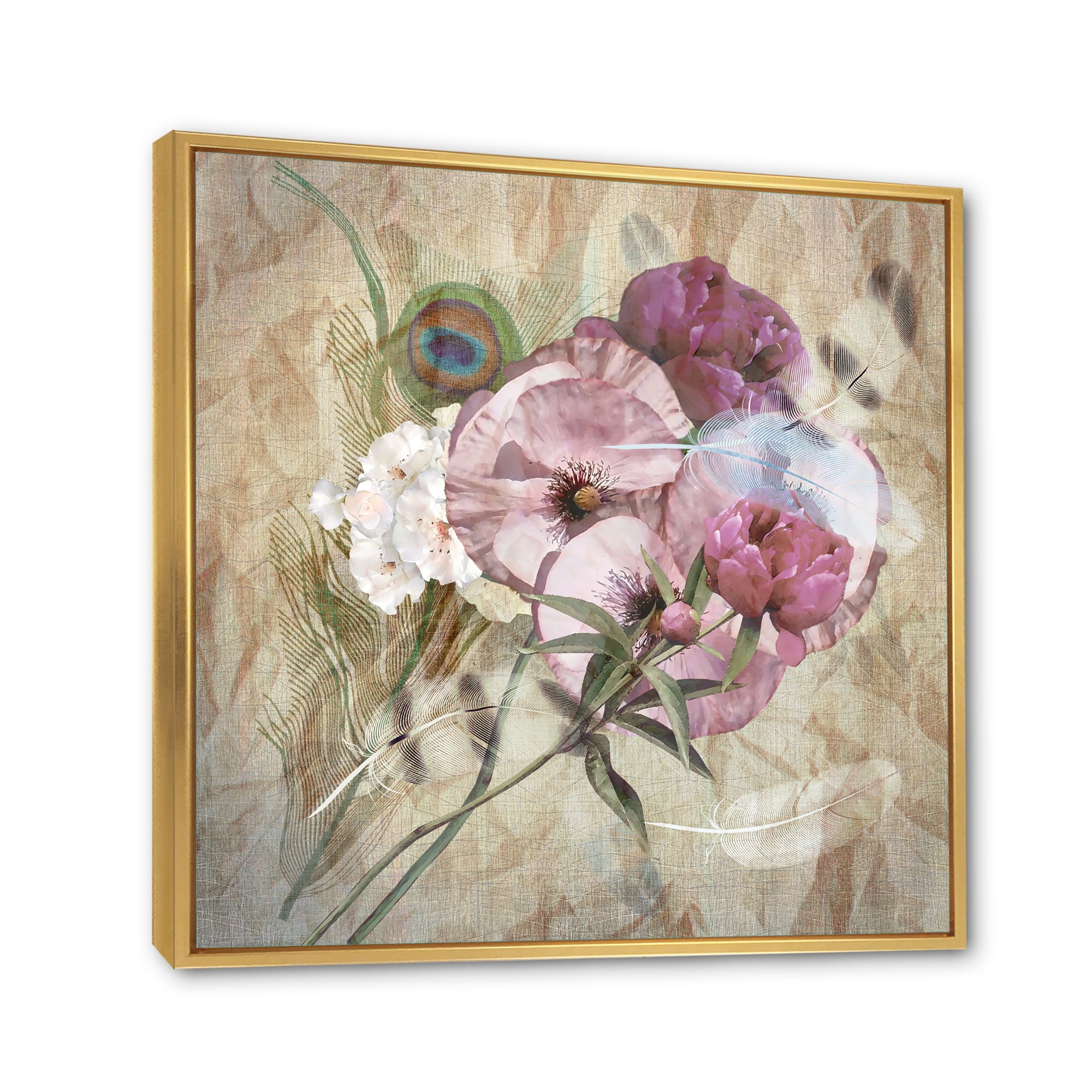 Designart 'Iris Bouquet Floral Design With Peacock Feather' Traditional Framed Canvas Wall Art Print
