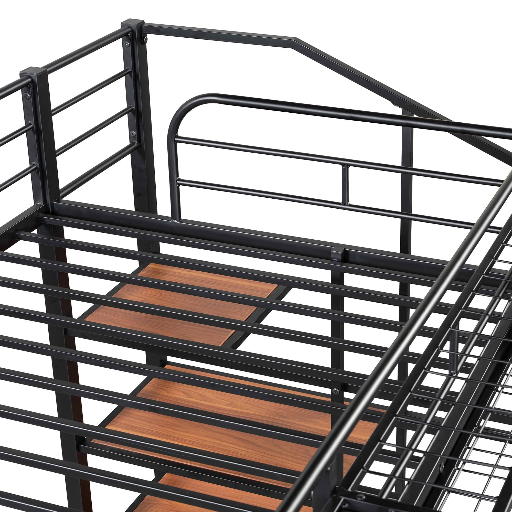 MAYEERTY Chrome Finish Metal Loft Bed with 4-Tier Ladder Shelves and Top Storage Grid, Sturdy Space-Saving Bed Frame No Box Spring Required