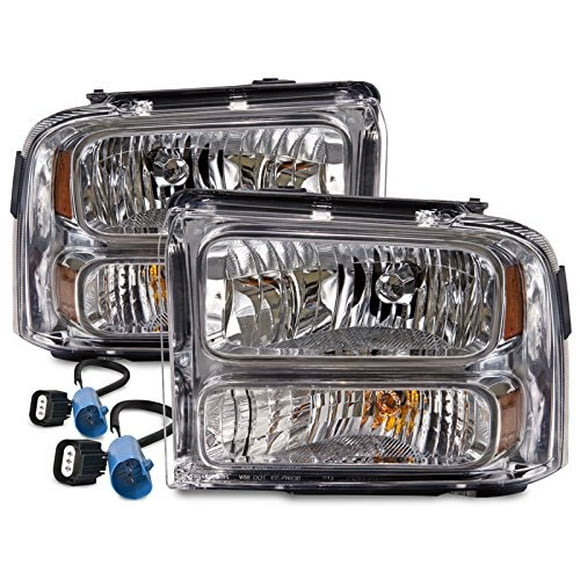 HEADLIGHTSDEPOT Chrome Halogen Headlights Compatible with Ford Excursion F-250 Super Duty F-350 F-450 F-550 Includes Driver and Passenger Side Headlamps Housing Conversion Kit MODIFICATIONS REQUIRED