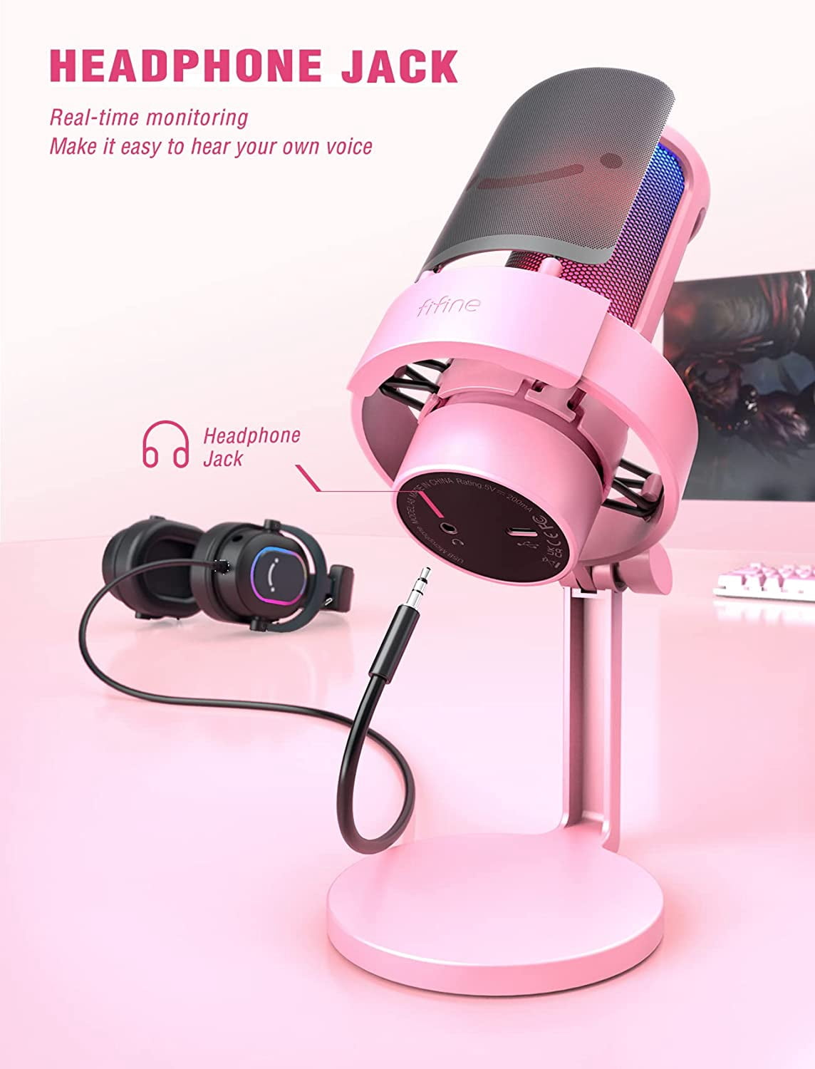 Pink USB Condenser Microphone with  Arm Stand, RGB Gaming Mic for PC Streaming Recording
