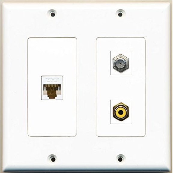 RiteAV - 1 Port RCA Yellow 1 Port Coax Cable TV- F-Type 1 Port Cat6 Ethernet White - 2 Gang Wall Plate