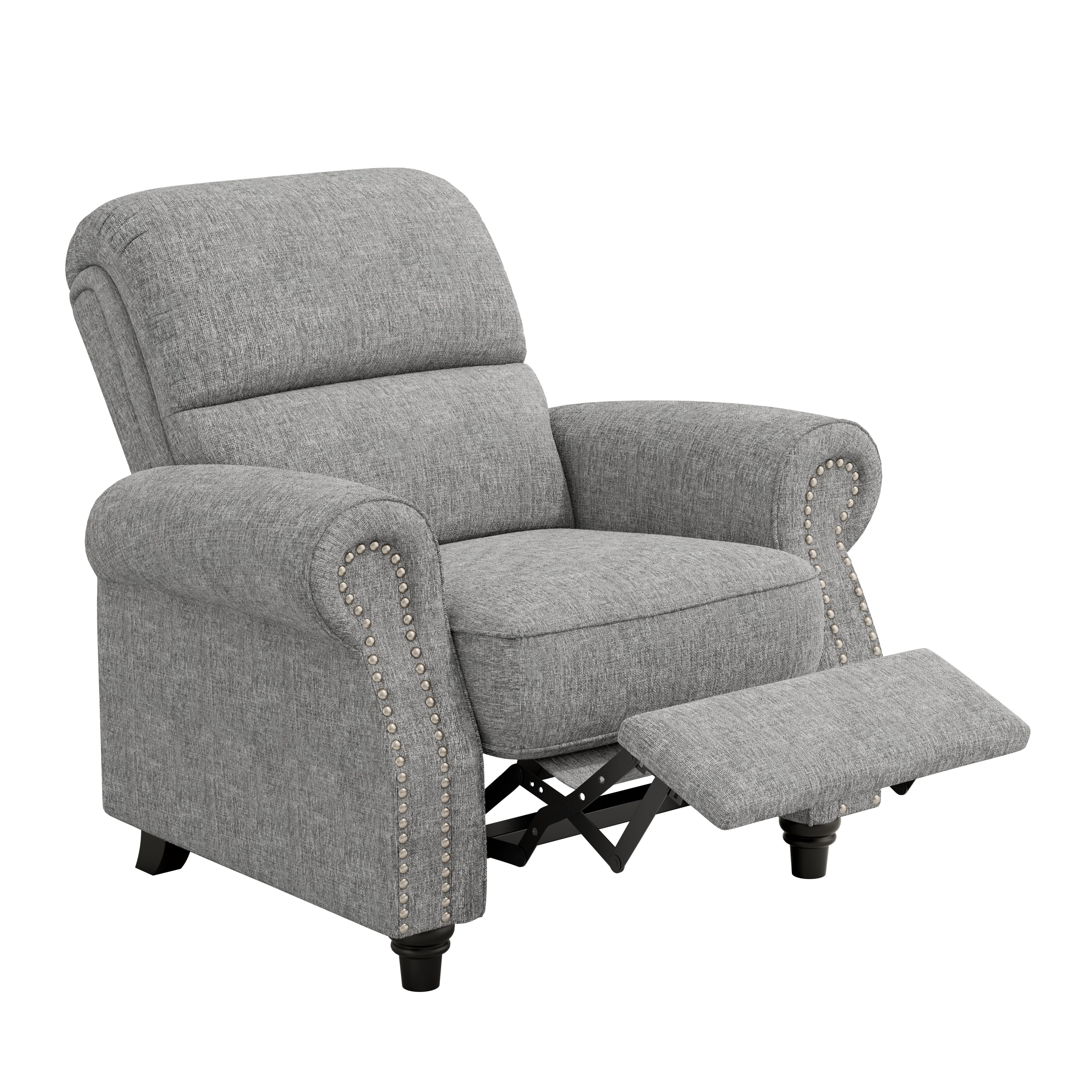 Homesvale Cari Push Back Recliner Chair with Nailheads, Light Gray Polyester, Living Room Recliner