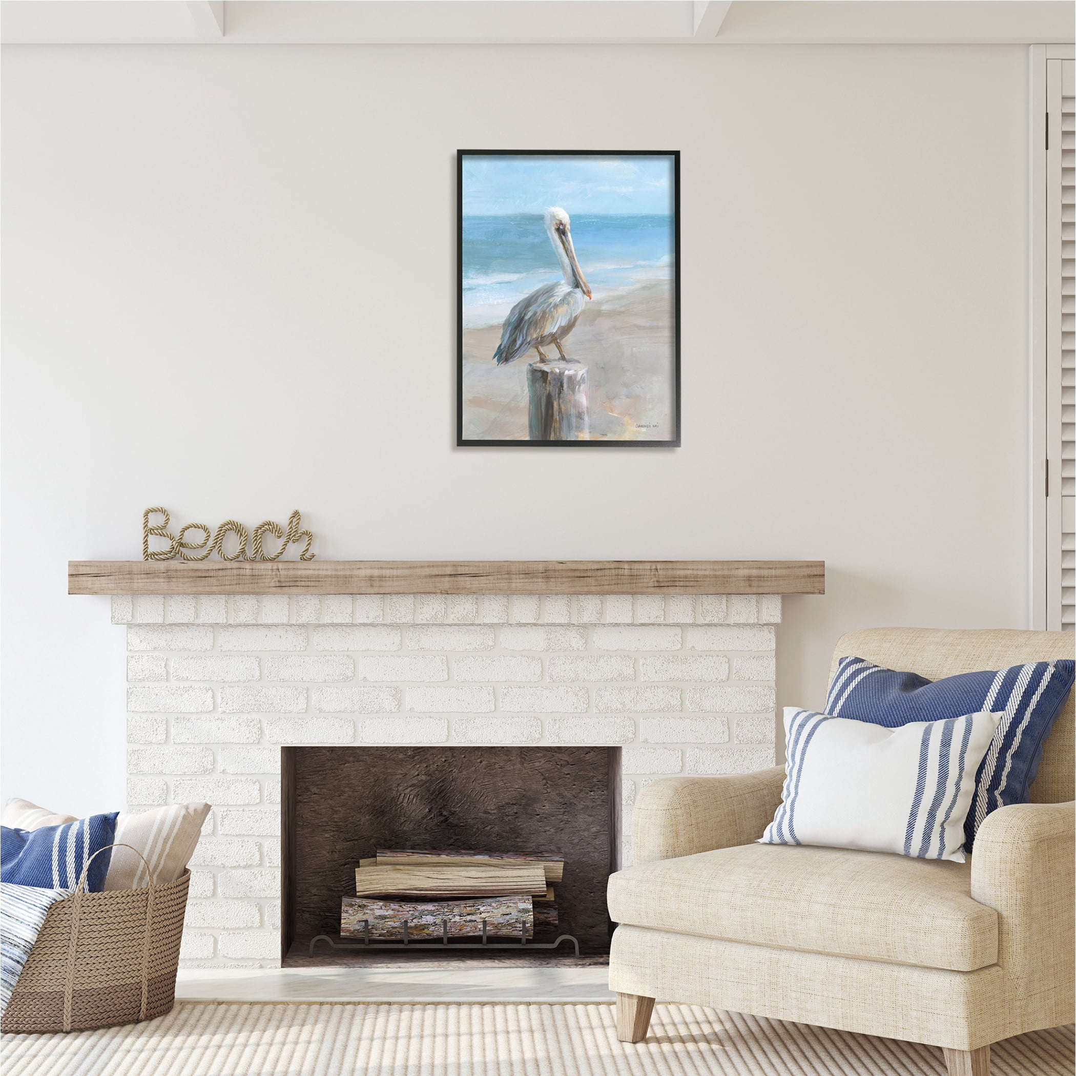 Stupell Industries Pelican Perched on Coast Animals & Insects Painting Black Framed Art Print Wall Art, 24 x 30