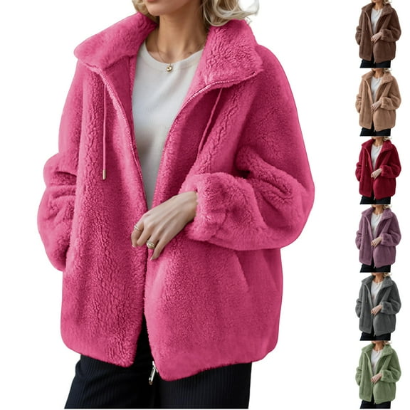 Stichou 2025 Winter Fleece Jacket for Women Zipper Up Zip Up Stand Collar with Pockets Coats Hot Pink S