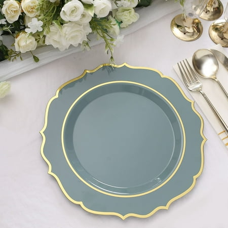 

Efavormart 10 Pack | 10 Dusty Blue Plastic Dinner Plates Disposable Tableware Round With Gold Scalloped Rim for Wedding Outdoor Receptions Banquets Holiday Dining