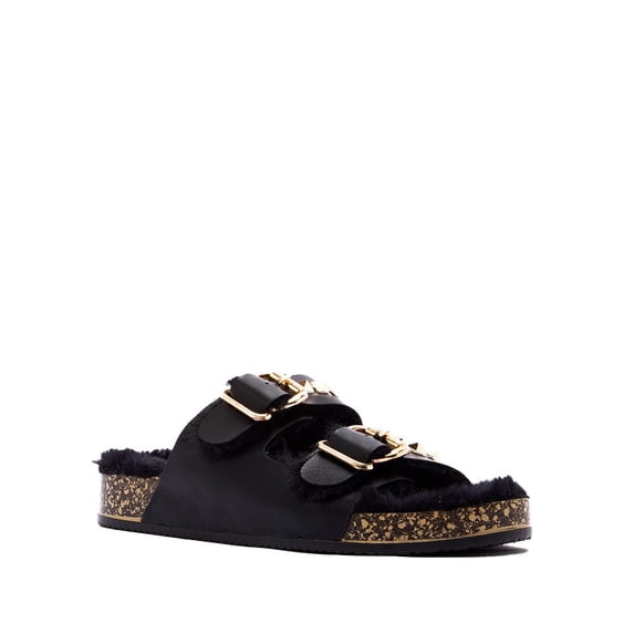 QUPID 2-BAND FAUX FUR FOOTBED SLIDE SANDAL