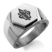 Stainless Steel Crown Fleur De Lis Engraved Hexagon Crest Flat Top Biker Style Polished Ring
