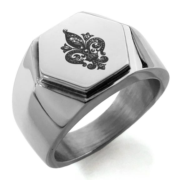 Stainless Steel Crown Fleur De Lis Engraved Hexagon Crest Flat Top Biker Style Polished Ring