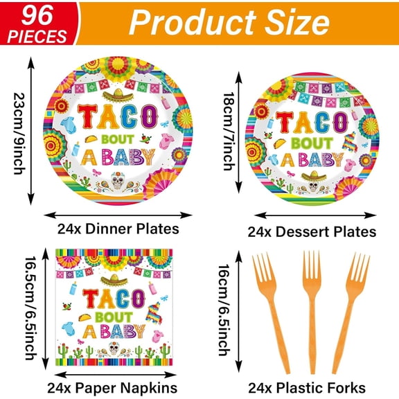 SHILIU-96Pcs Taco Baby Shower Party Supplies Taco Bout A Baby Paper Plates Napkins Dia De Los Muertos Mexican Fiesta Party Decorations Day of The Dead Dinnerware Favor Boys Girls Tableware Serves 24
