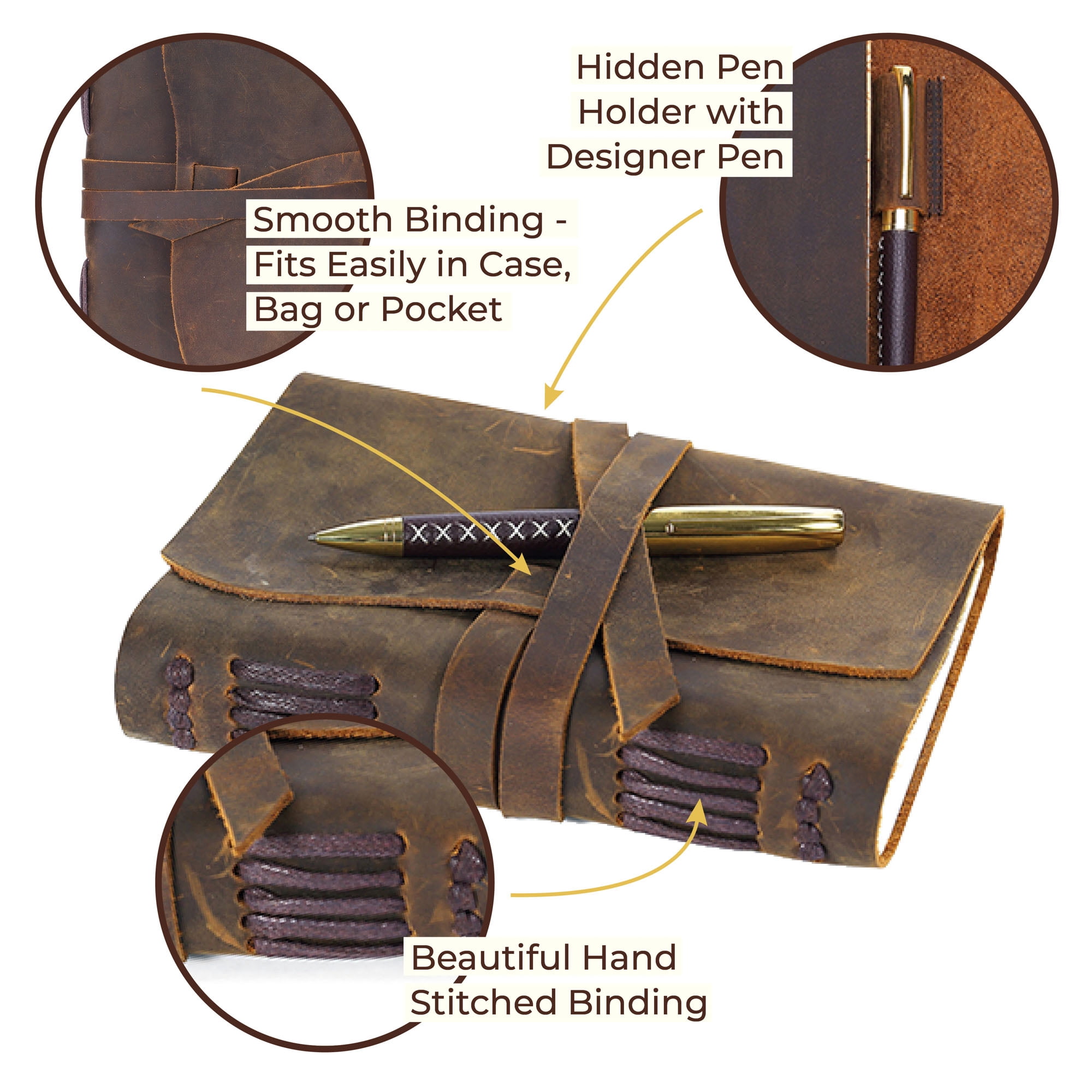 Leather Bound Journal for Men and Women, Handmade Gift Set with Genuine Leather Bookmark and Stylish Pen, Vintage and Classic, Notebook, Sketchbook, Planner, Journal and Diary (300 Pages) (8x6")