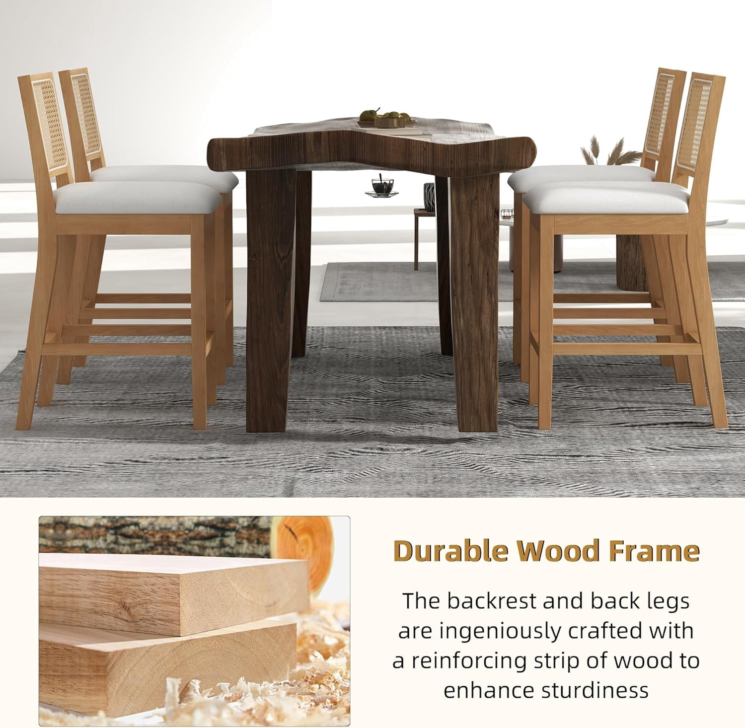 Westice Rattan Bar Stools Set of 6, 26" Farmhouse Counter Height Stools with Natural Rattan Back and Wood Frame, Upholstered Line Fabric Seat Cushion, Wooden Stools for Kitchen Island/Pub, Natural