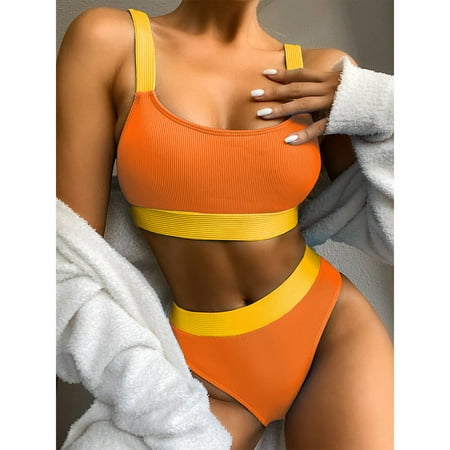 Pejock Women s High Waisted Sport Swimsuits Two Piece  Ribbed Scoop Neck & Athletic Bikini Top  Cheeky High Cut Swim Bottom  Color Block Bathing Suit for Beach Volleyball